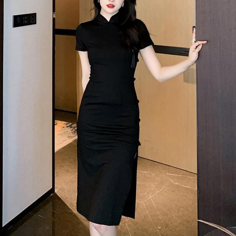 Damen elegantes Bodycon-Kleid mit hohem Schlitz und kurzen Ärmeln