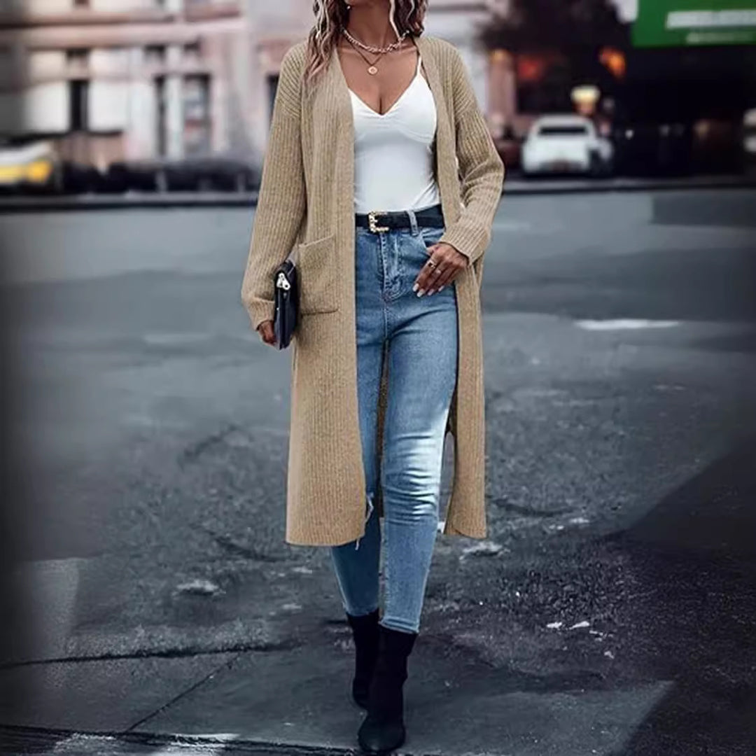 Damen Langer Strickmantel mit strukturiertem Design und praktischen Taschen R&B