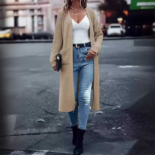 Damen Langer Strickmantel mit strukturiertem Design und praktischen Taschen R&B