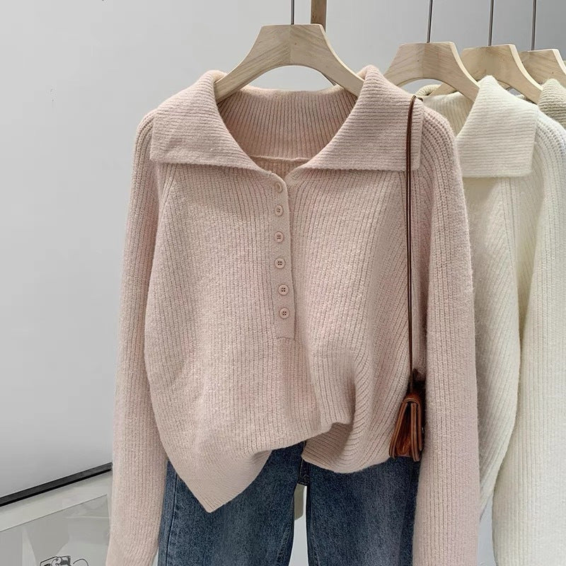 Damen Strickpullover mit Kragen und Knopfleiste R&B
