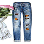 Damen Destroyed Jeans mit einzigartigen Halloween-Designs R&B