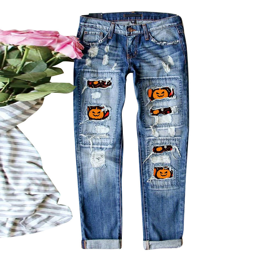 Damen Destroyed Jeans mit einzigartigen Halloween-Designs R&B