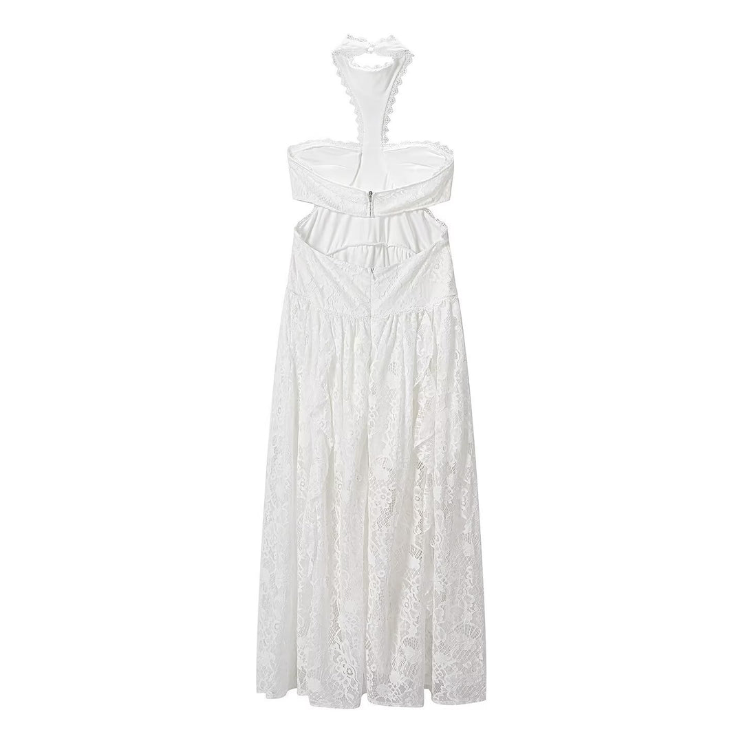 Damen Spitzenmaxikleid mit raffinierten Rüschendetails und elegantem Halterneck R&B