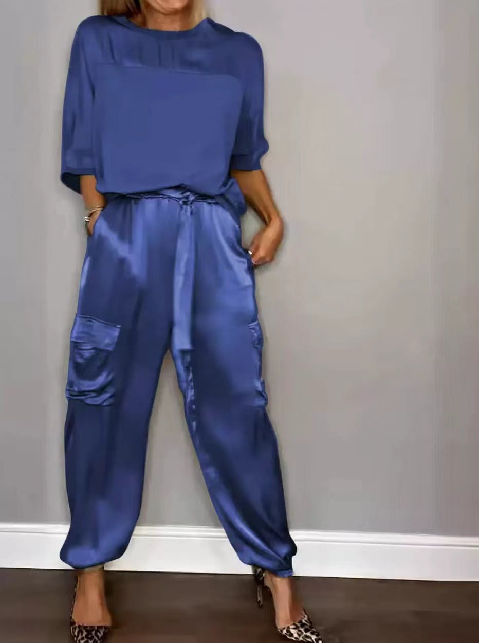 R&B | Solide Farbe glatt Satin Top zweiteilige Set für Frauen