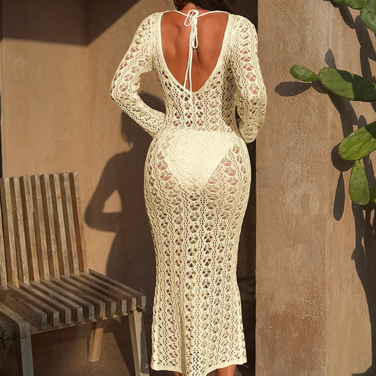 Damen Häkelkleid mit tiefem V-Ausschnitt und langem Arm R&B