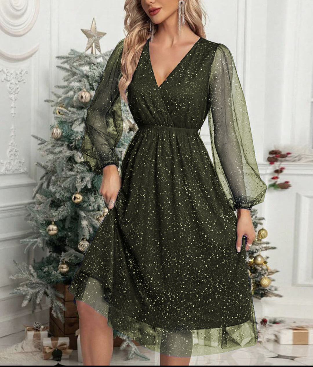 Damen Glamouröses Midikleid mit transparenten Puffärmeln und schimmerndem Paillettenmuster R&B