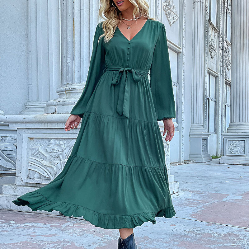 Damen Maxikleid mit Knopfleiste, Taillengürtel und Rüschensaum R&B
