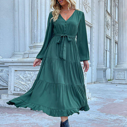 Damen Maxikleid mit Knopfleiste, Taillengürtel und Rüschensaum R&B