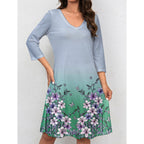 Damen V-Ausschnitt Sommerkleid mit floralem Aquarell-Design und ¾-Ärmeln R&B