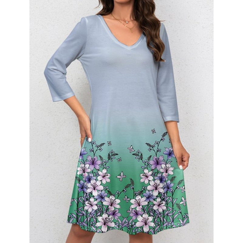 Damen V-Ausschnitt Sommerkleid mit floralem Aquarell-Design und ¾-Ärmeln R&B