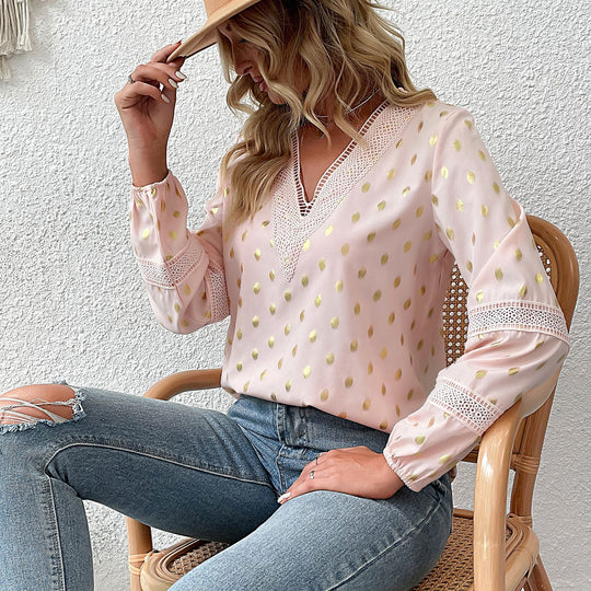 Damen Bluse mit V-Ausschnitt und feinem Lochmuster R&B