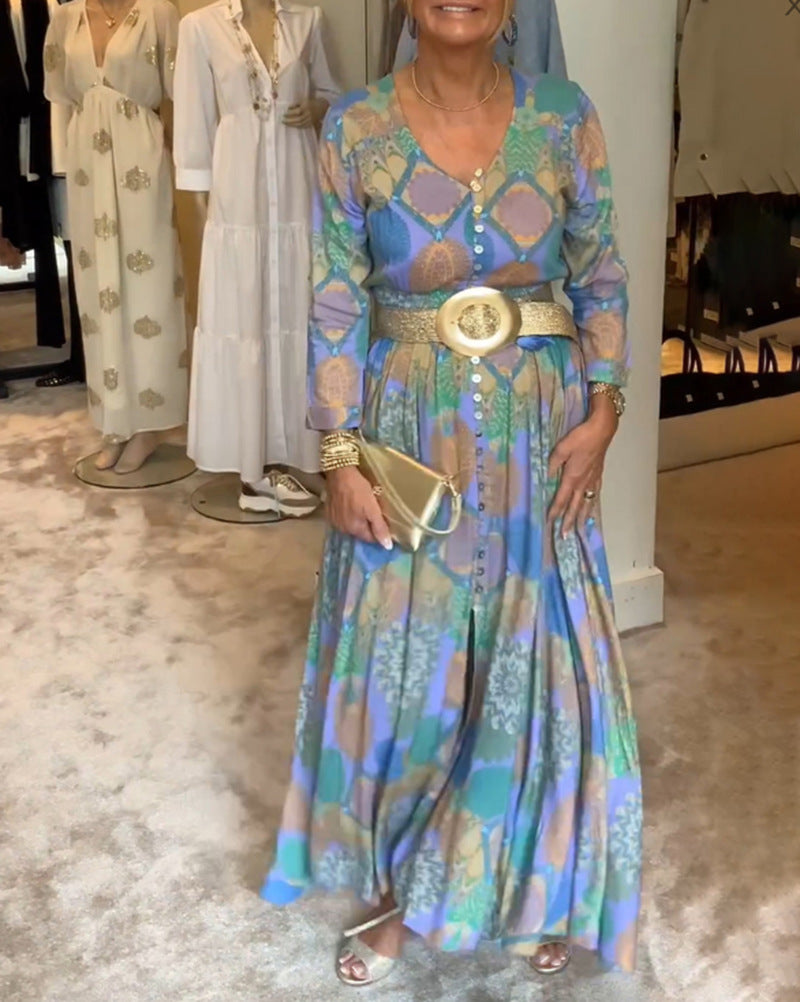 Damen nan gemustertes Maxikleid mit durchgehender Knopfleiste, V-Ausschnitt, langen Ärmeln und plissiertem Rock R&B