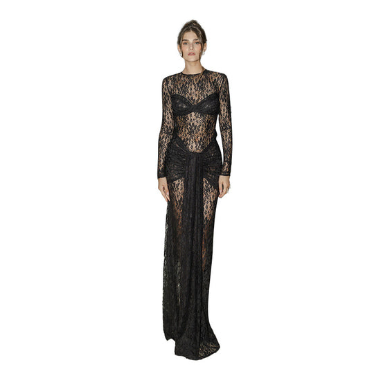 Damen Spitzen-Maxikleid mit figurbetonendem Schnitt und langem Arm R&B