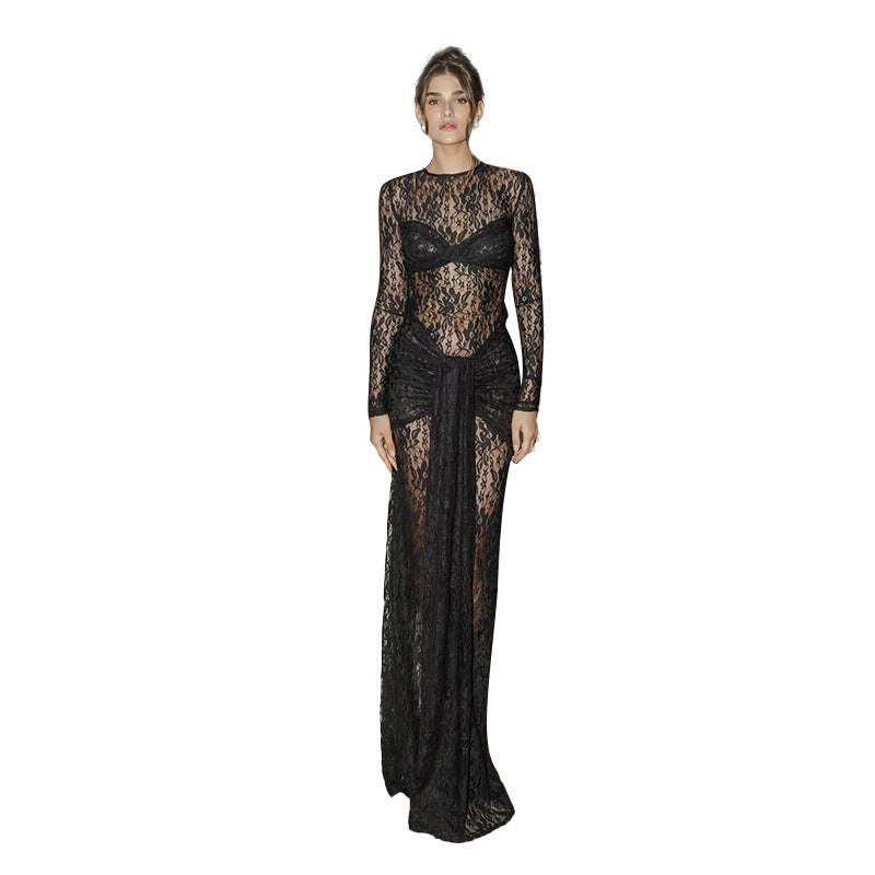 Damen Spitzen-Maxikleid mit figurbetonendem Schnitt und langem Arm R&B