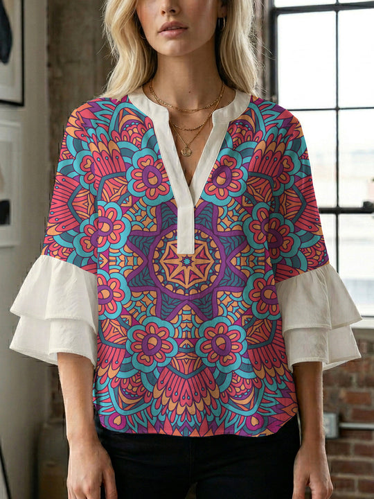 Damen elegantes Blusenshirt mit voluminösen Rüsenärmeln und grafischem Blumendesign R&B