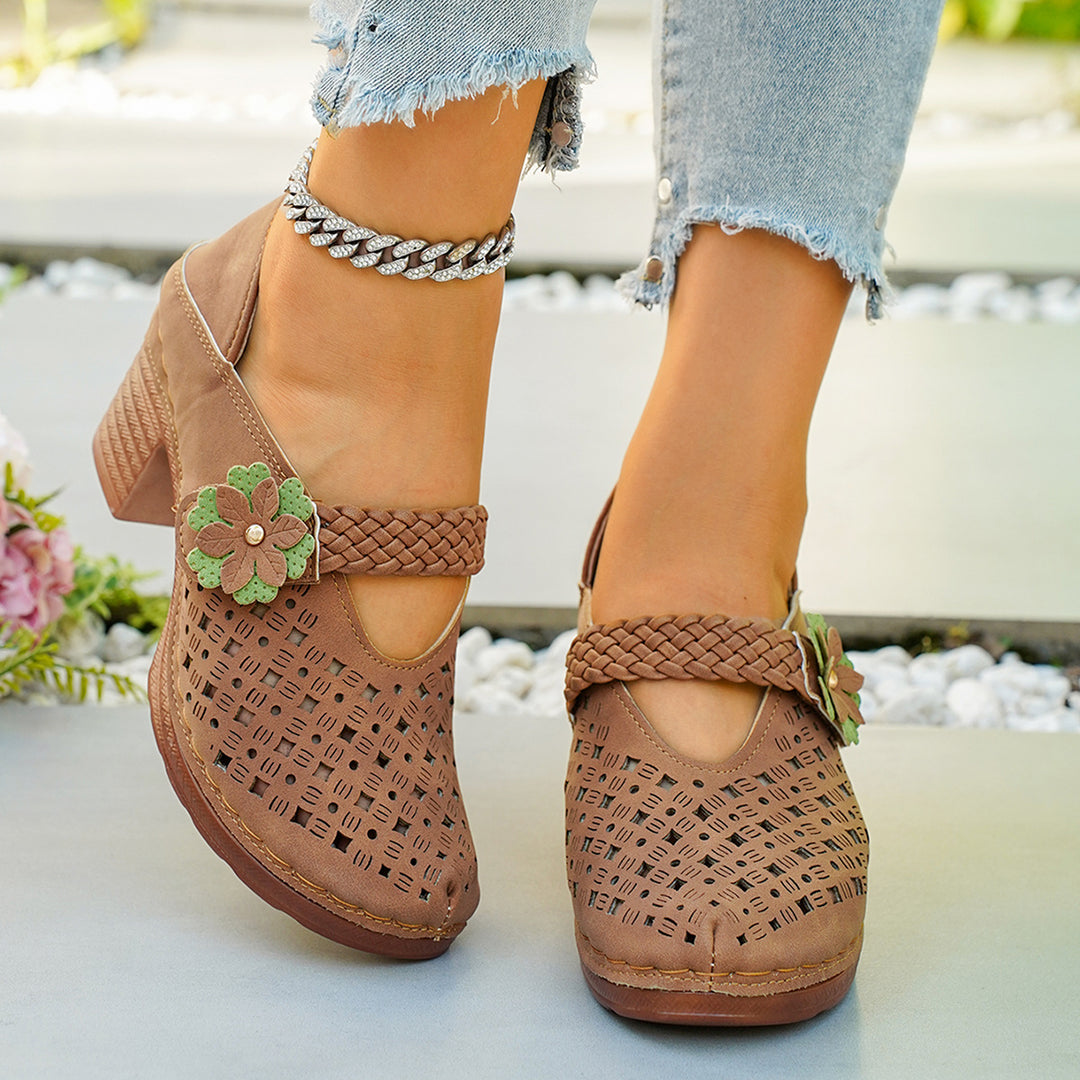 Damen elegante Pantoletten mit floralem Dekor und geflochtenem Riemen R&B
