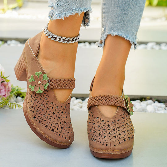 Damen elegante Pantoletten mit floralem Dekor und geflochtenem Riemen R&B