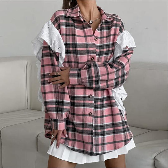 Damen Freizeitbluse mit Rüschenakzenten und Karomuster R&B