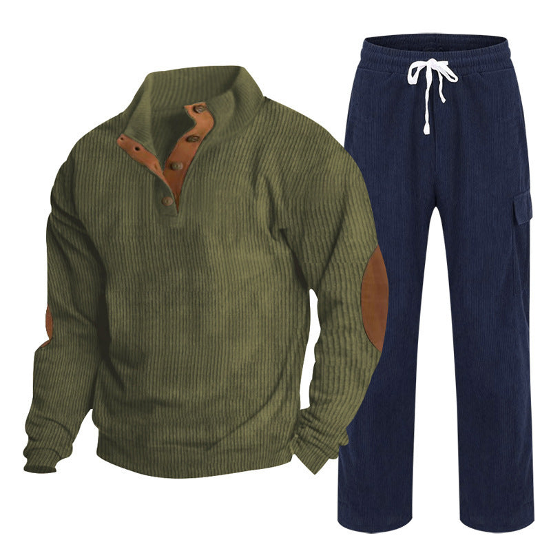 Herren nan strukturiertes Feinstrick-Halbknopf-Pullover und Feincord-Cargo-Zweiteiler R&B