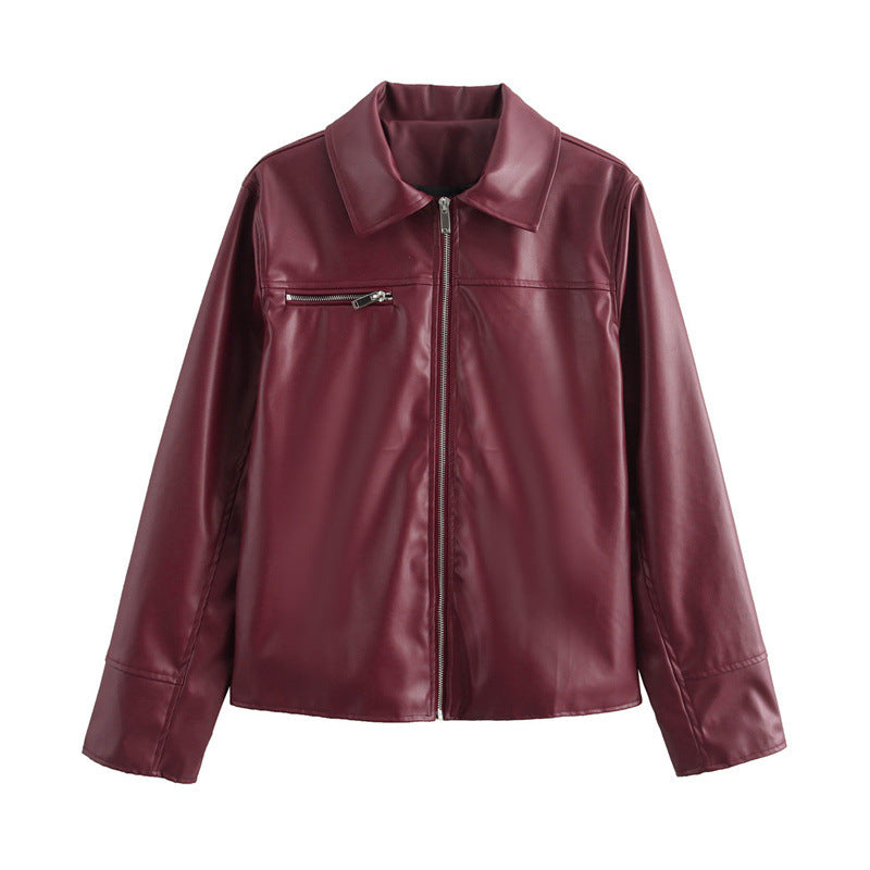 Damen Kunstlederjacke mit modernem Stehkragen und praktischen Reißverschlusstaschen R&B
