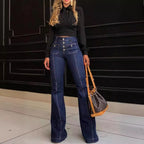 Damen Hochgeschnittene Schlagjeans mit vintage Details und dekorativen Knöpfen R&B