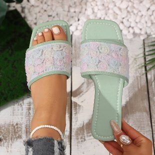 Damen Flauscher Pantoletten mit floralen Verzierungen R&B