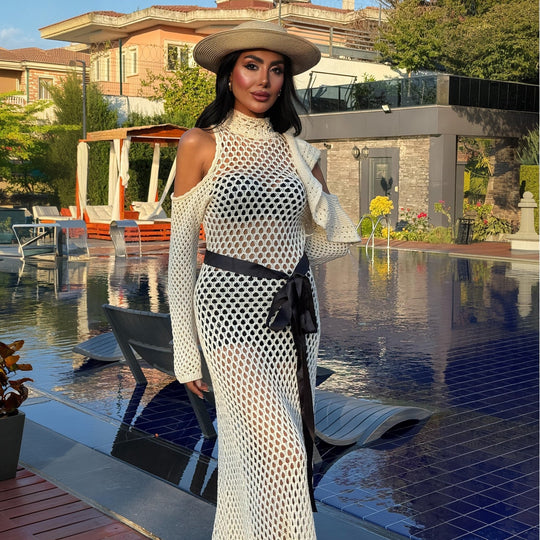 Damen schulterfreies Netzkleid mit eleganten Rüschen R&B
