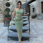 Damen asymmetrisches Maxikleid mit Rüschen und hohem Seitenschlitz R&B