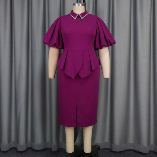 Damen Figurbetontes Peplum Kleid mit Puffärmeln und Glitzerkragen R&B