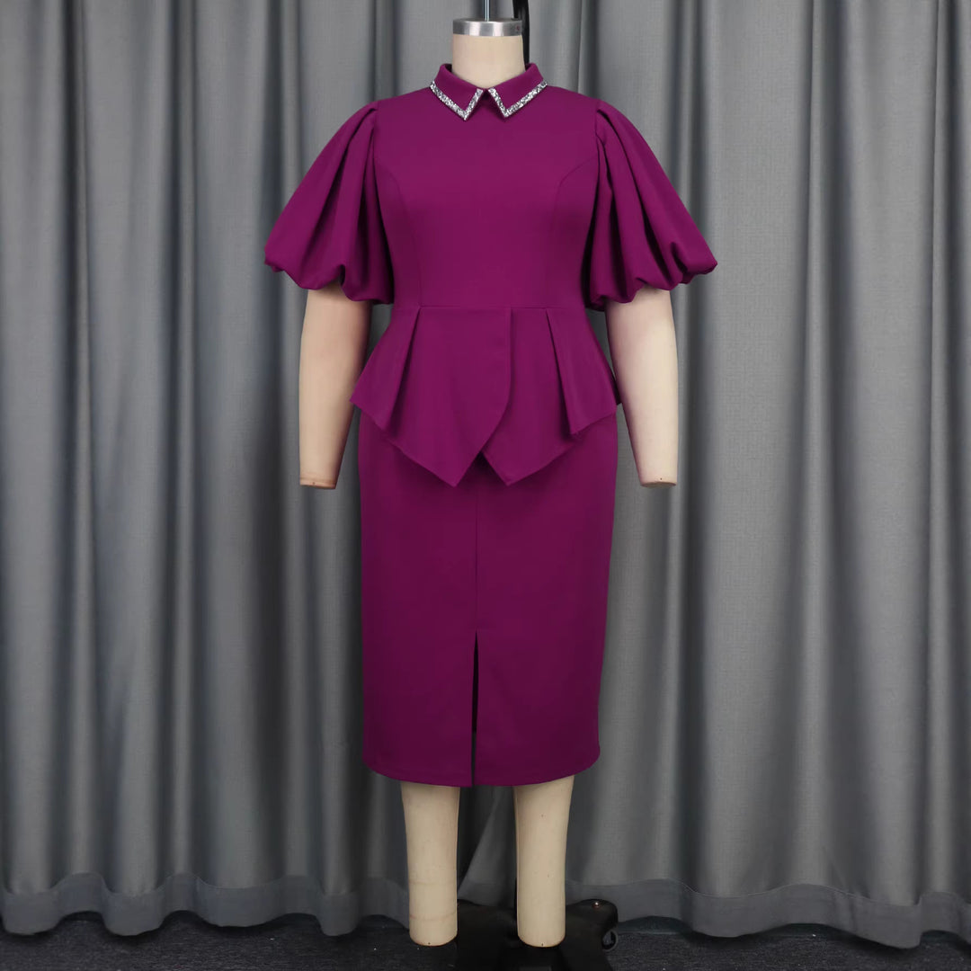 Damen Peplum Kleid mit elegantem Kristallkragen R&B
