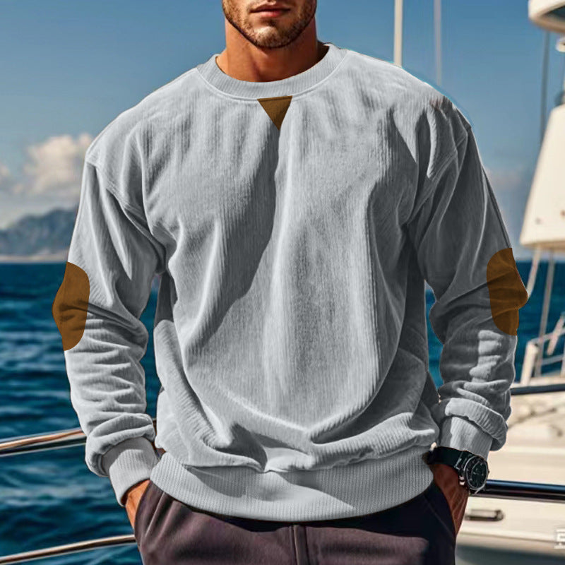 Herren nan gerippter Strickpullover mit Rundhalsausschnitt Ellbogen-Patches und Zierdreieck R&B