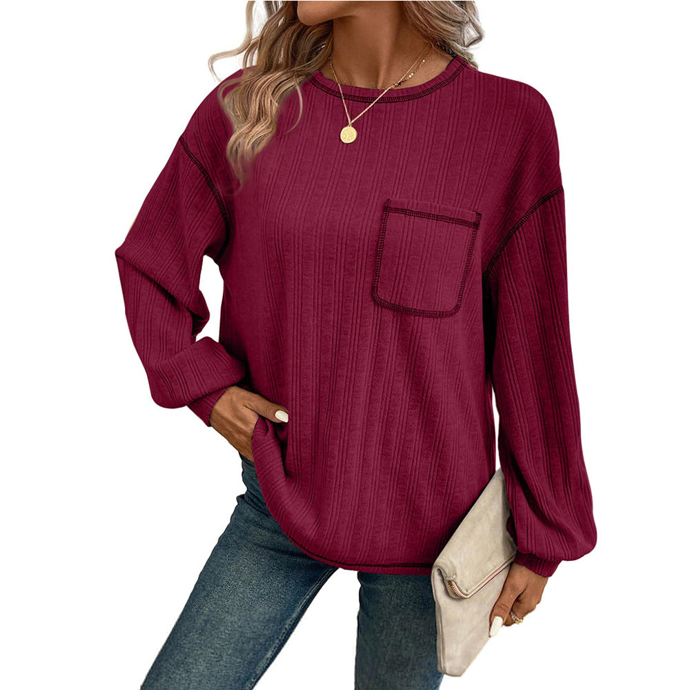 Damen Bequemer Langarm-Shirt mit Rippenstruktur und Brusttasche R&B