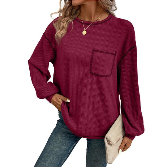 Damen Bequemer Langarm-Shirt mit Rippenstruktur und Brusttasche R&B