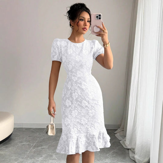 Damen elegantes Midikleid mit voluminösen Ballonärmeln und floralen Akzenten R&B
