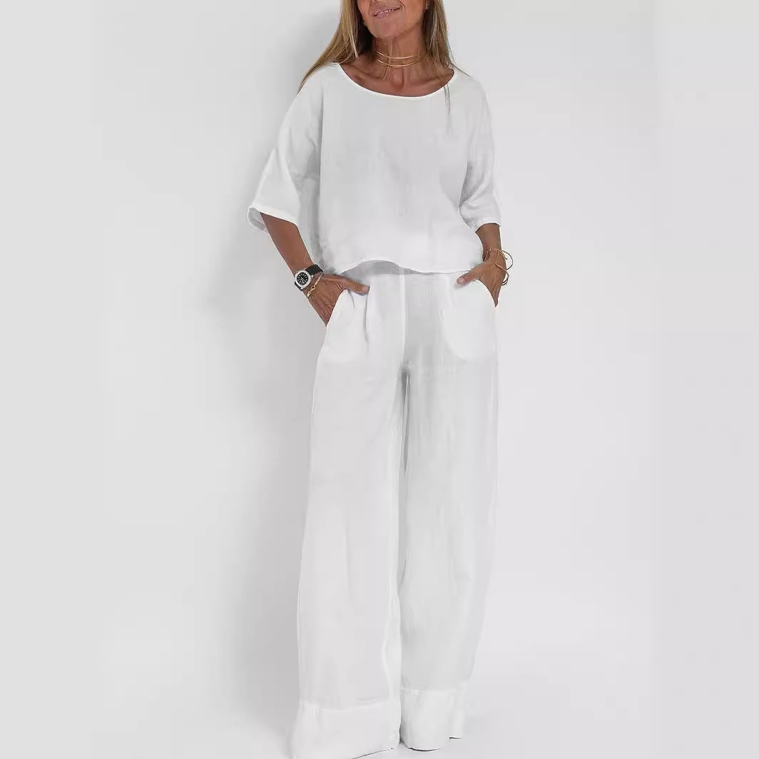 Damen lässiges Leinen-Set mit weitem Oberteil und palazzo Hosen