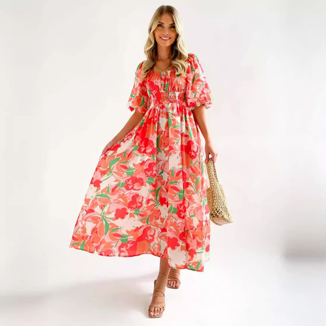 Damen Off-Shoulder Maxikleid mit floralen Mustern und elastischem Bund R&B