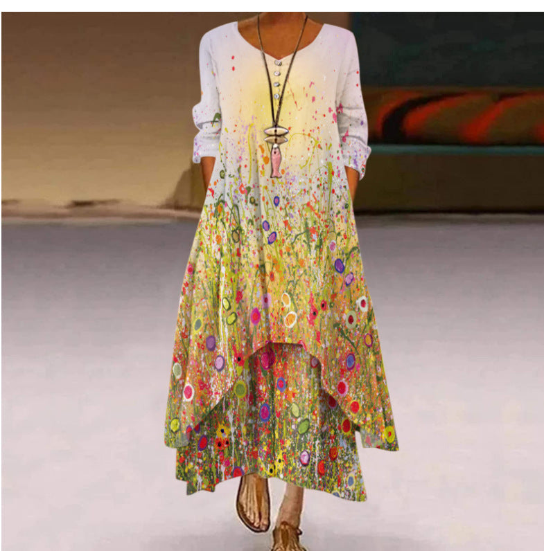 Damen Fließendes Maxikleid mit kunstvollem Blumendruck und asymmetrischem Saum R&B