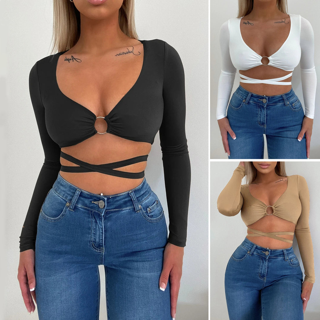Damen Crop-Top mit verspieltem Ringdetails und langen Ärmeln R&B