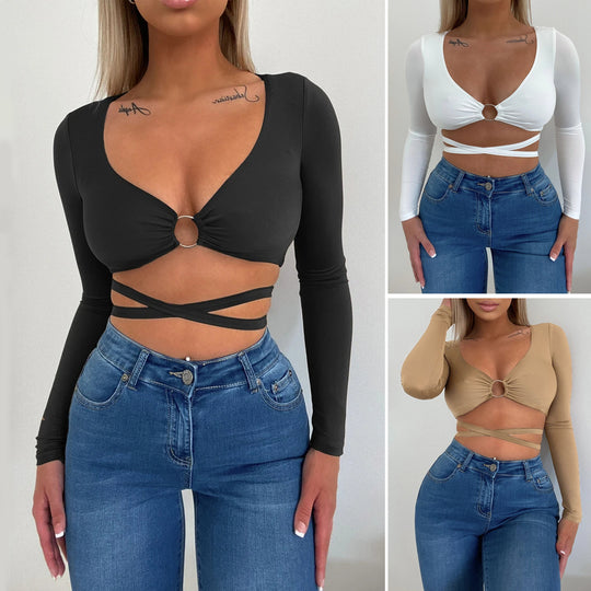 Damen Crop-Top mit verspieltem Ringdetails und langen Ärmeln R&B