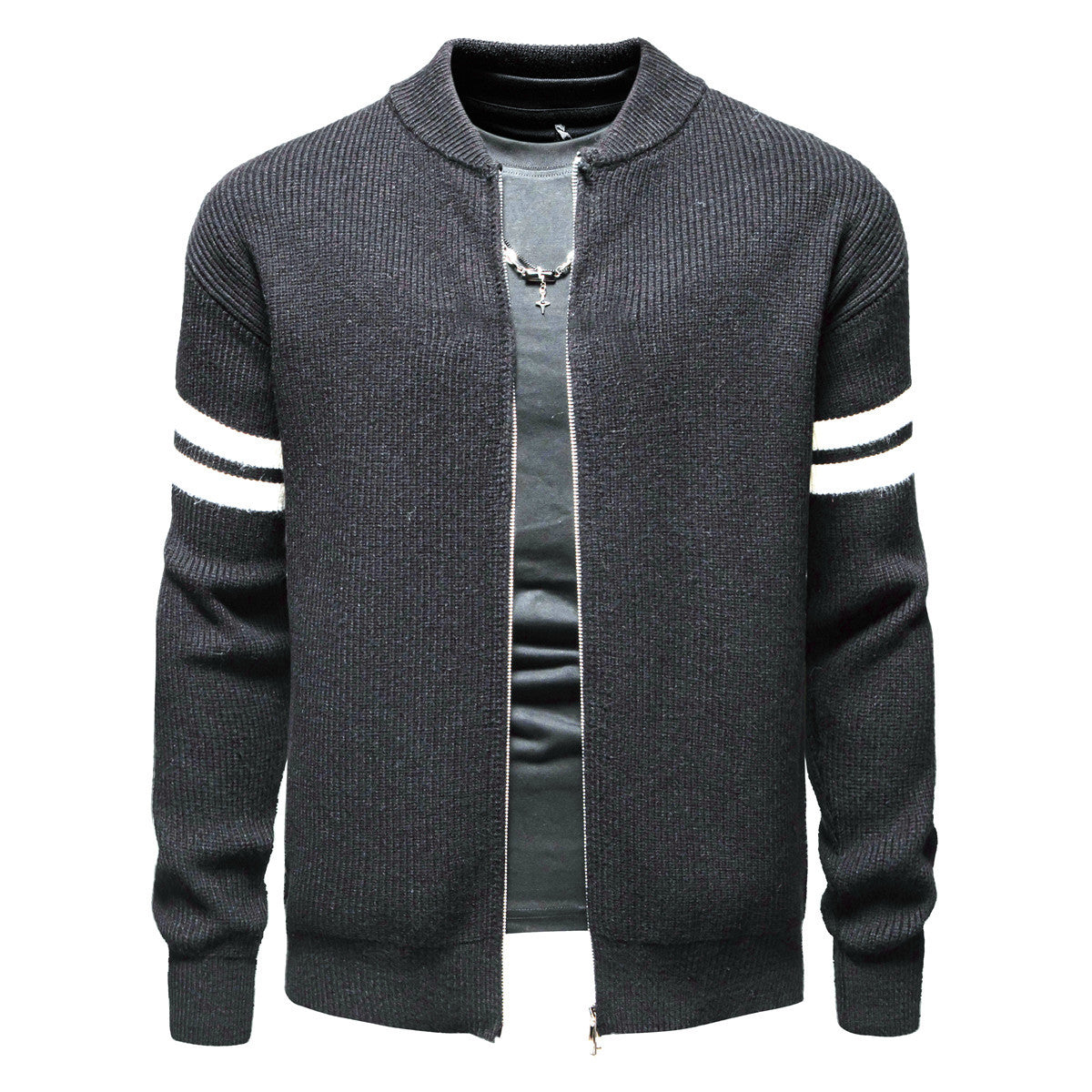 Herren Strickjacke mit modernem Zipper und dekorativem Streifenmuster