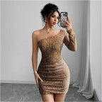 Damen Glitzerndes Cocktailkleid mit asymmetrischem Träger und Raffungen