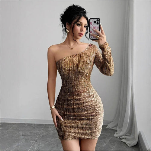 Damen Glitzerndes Cocktailkleid mit asymmetrischem Träger und Raffungen R&B