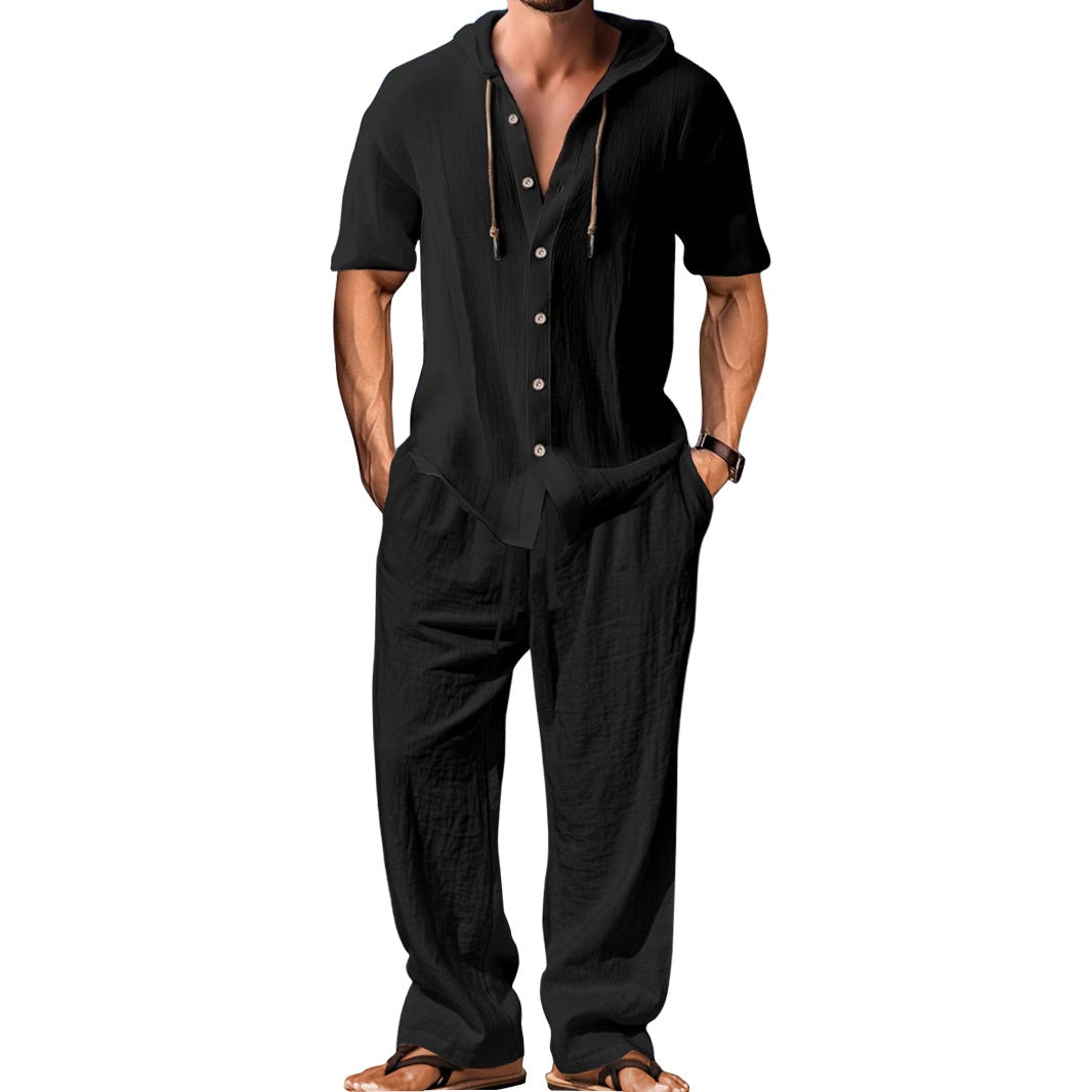 Herren nan luftiges Leinen-Lounge-Set mit kurzärmeligem Kapuzenhemd und gerader Relaxhose R&B