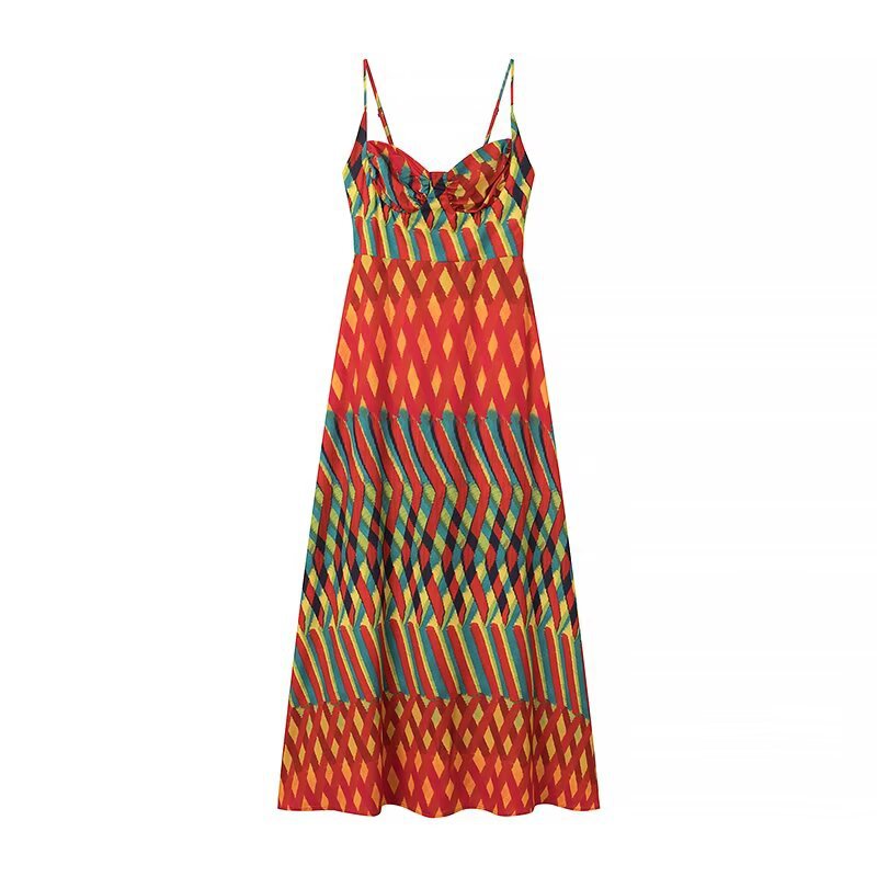 Damen Maxikleid mit auffälligem geometrischen Muster und verstellbaren Spaghetti-Trägern R&B