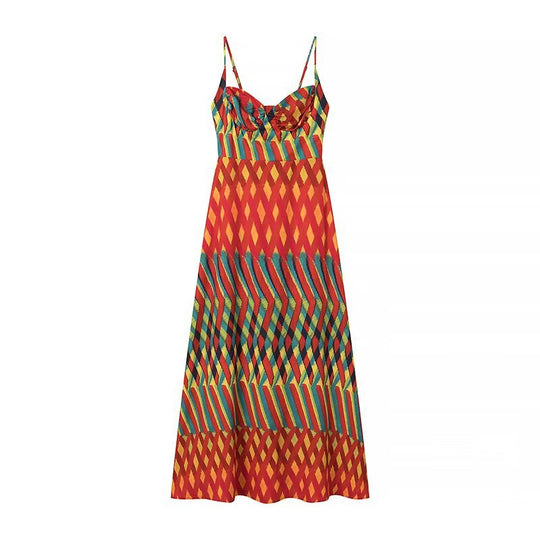 Damen Maxikleid mit auffälligem geometrischen Muster und verstellbaren Spaghetti-Trägern R&B