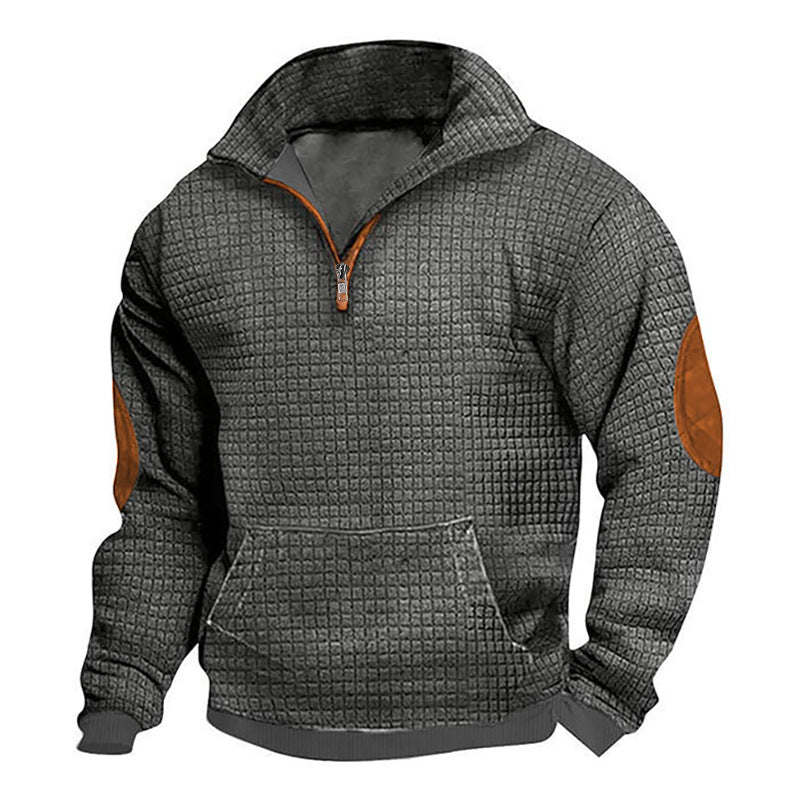 Herren nan thermoregulierender Waffelstrick-Halbzippullover mit Kängurutasche und Lederimitat-Ellbogenpatches R&B