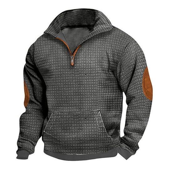 Herren nan thermoregulierender Waffelstrick-Halbzippullover mit Kängurutasche und Lederimitat-Ellbogenpatches R&B