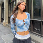Damen cropped Langarmbluse mit Karomuster R&B