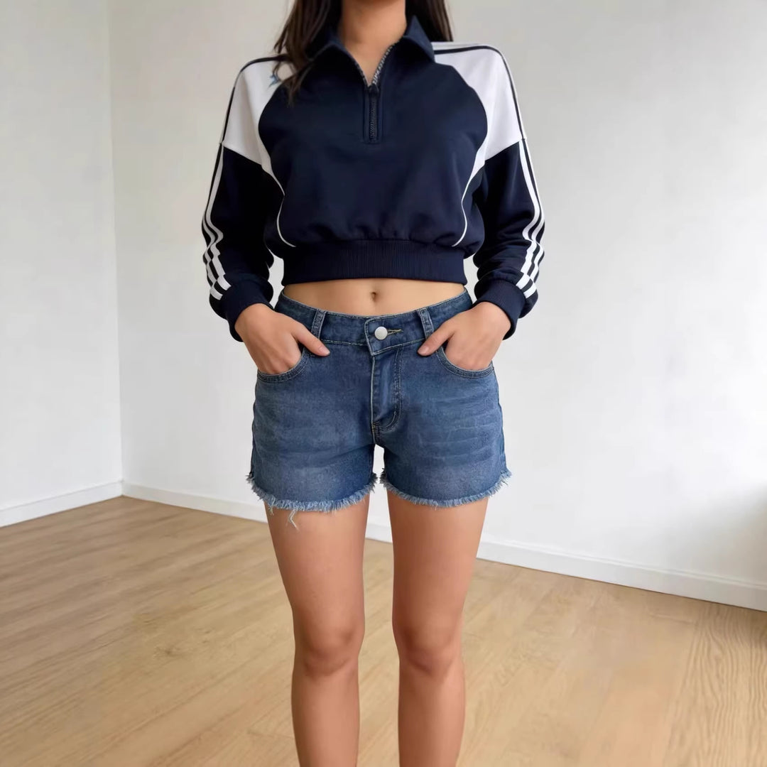 Damen lässige Jeansshorts mit ausgefranster Saumkante und hohem Bund R&B