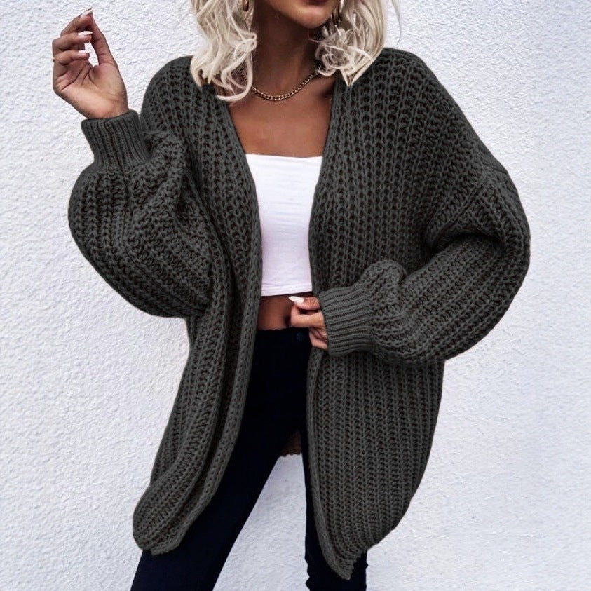 Damen lässiger Grobstrick-Cardigan mit tiefen Taschen und voluminösen Ärmeln R&B